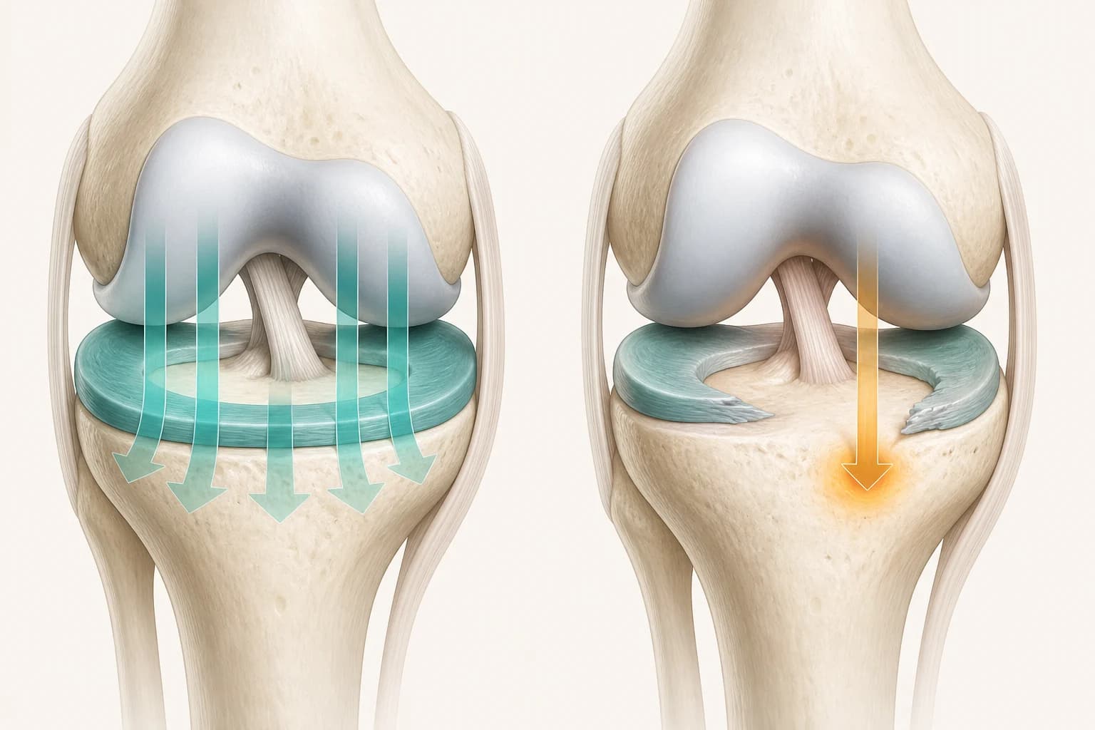 Illustration comparing load distribution through an intact and a damaged meniscus