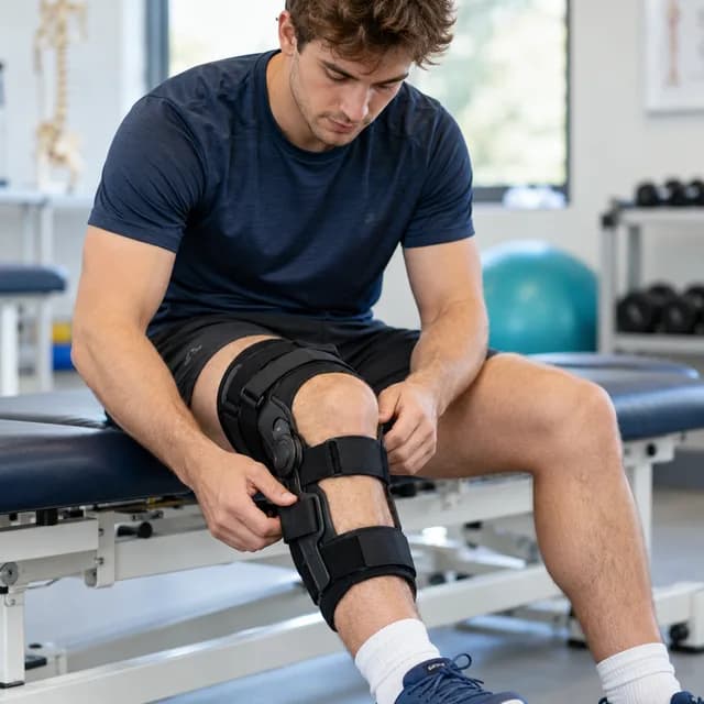 A patient adjusting a hinged knee brace