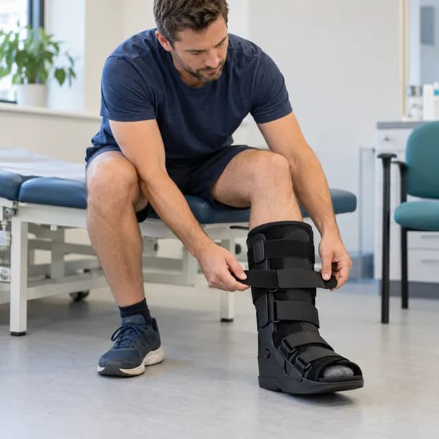 A patient adjusting a medical walking boot