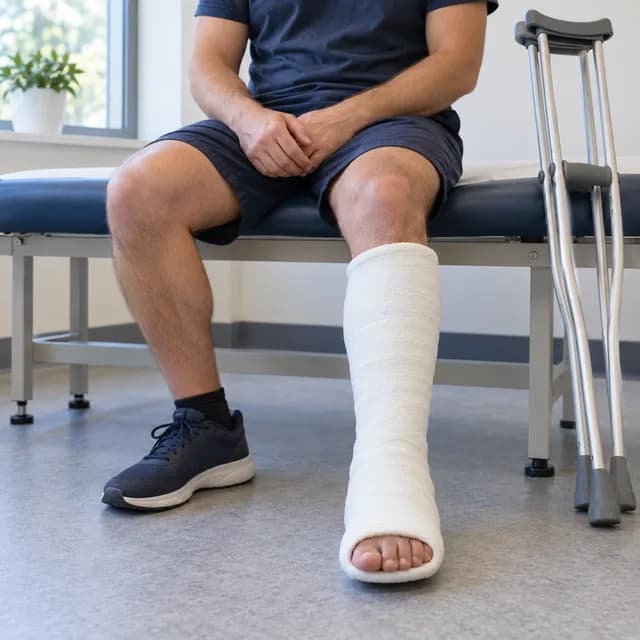 A patient with a lower-leg cast and crutches