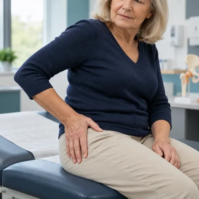 A patient resting a hand on their outer hip