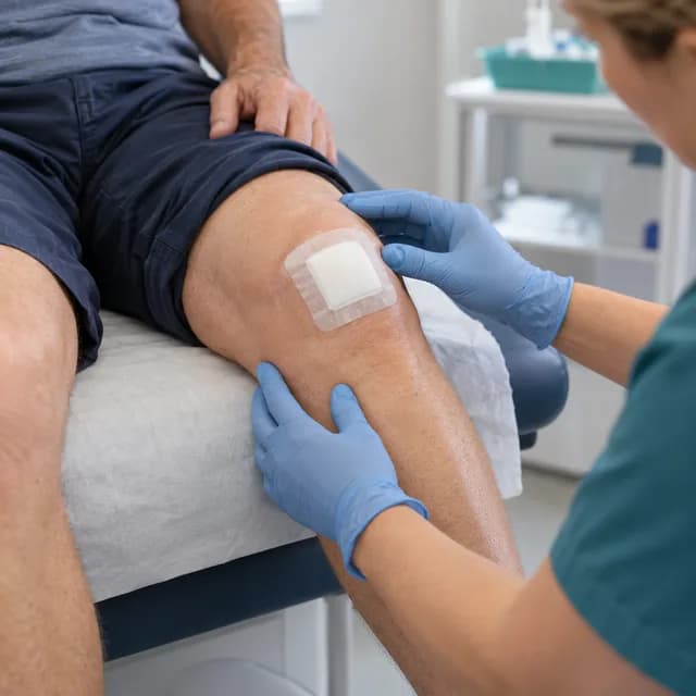 A clinician checking a clean knee dressing