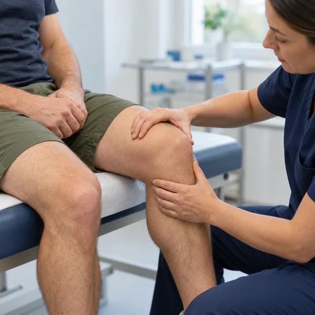 A clinician supporting a bent knee during examination