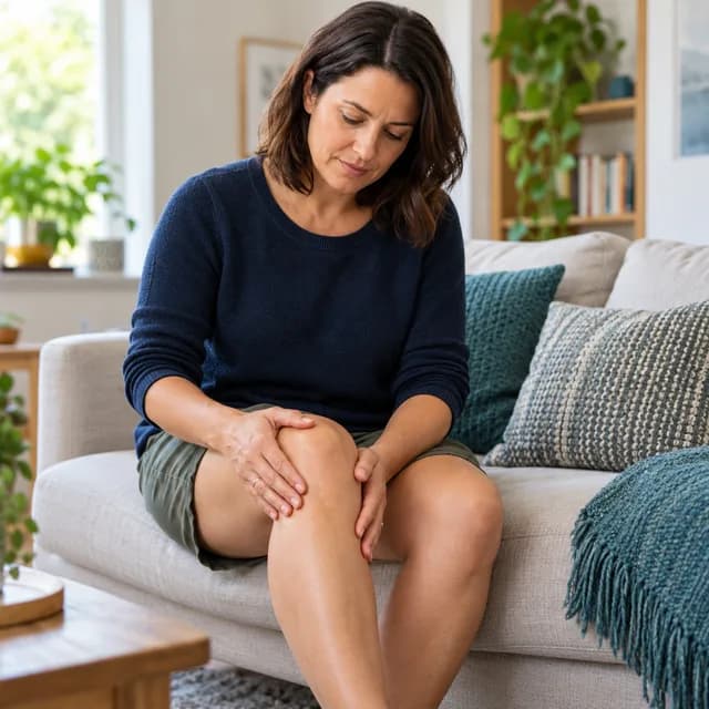 A woman checking her knee while seated at home