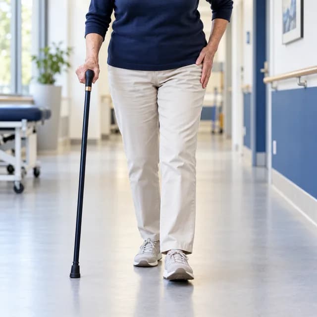 A patient walking with a stick during hip rehabilitation