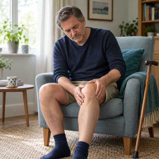 A man resting at home with a hand on his knee