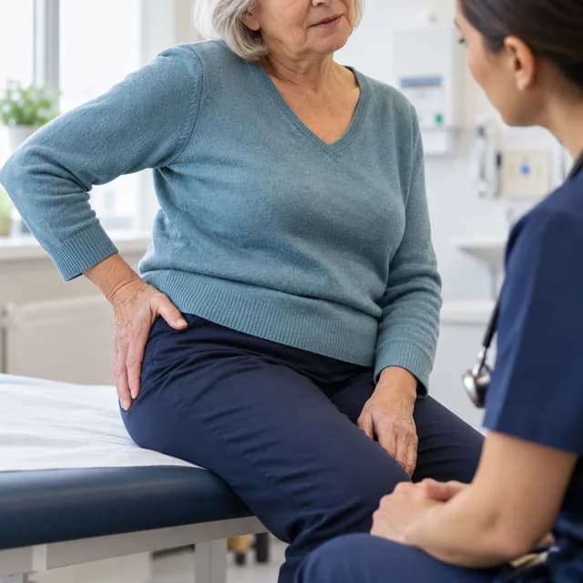 A seated patient discussing discomfort around their hip
