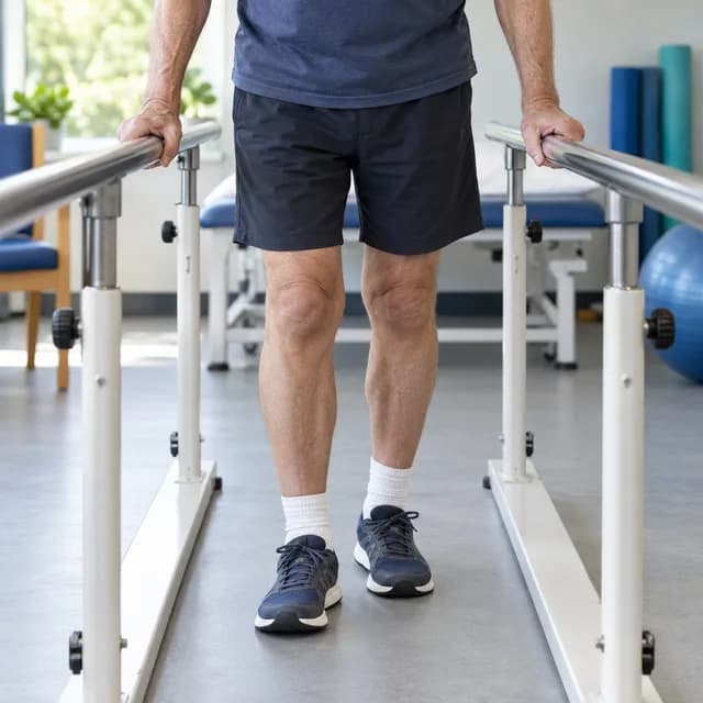 A patient standing with the support of parallel bars