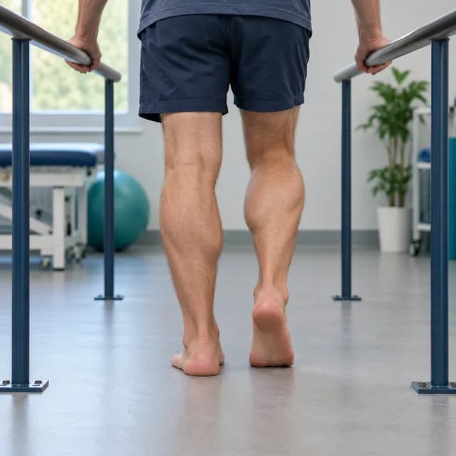 A supported heel raise during rehabilitation