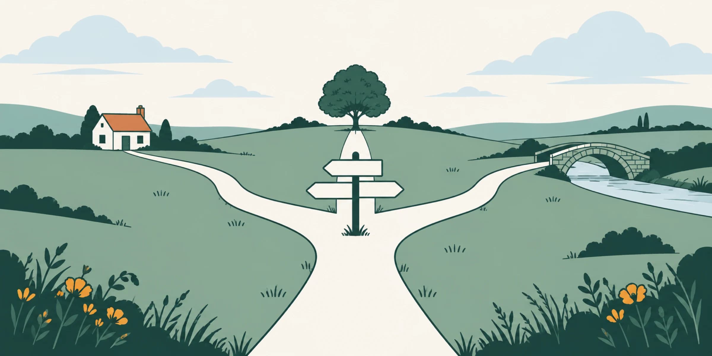 Simplified line illustration of a path splitting at a signpost into three routes, representing three possible next steps