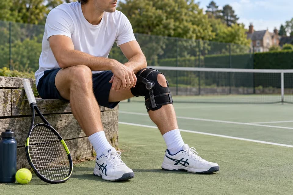 A tennis player wearing a knee brace