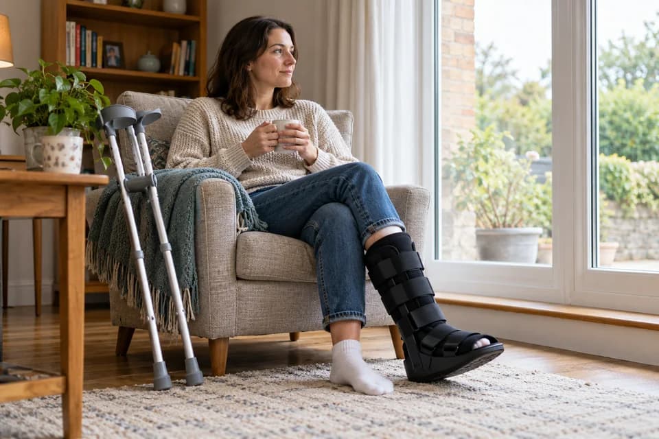 A patient with a walking boot and crutches
