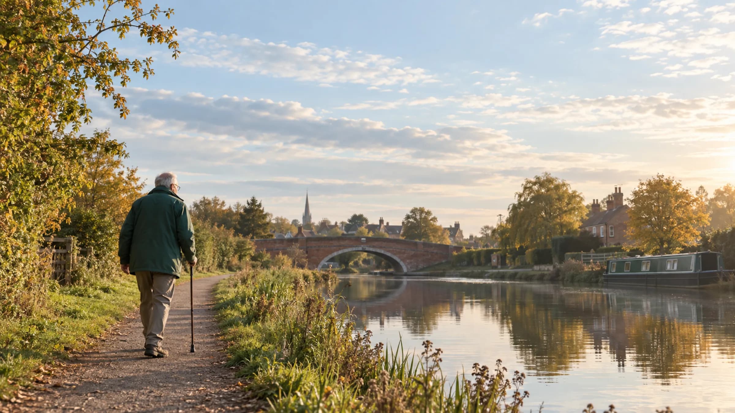 A man walking steadily with a walking stick along a canal towpath in a Lincolnshire market town